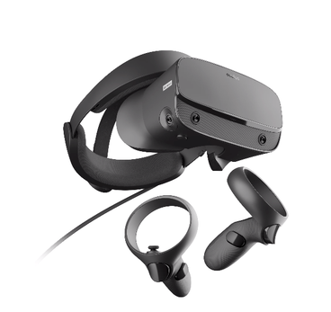 image of the oculus rift VR system, consists of a black headset and two black and held controlers